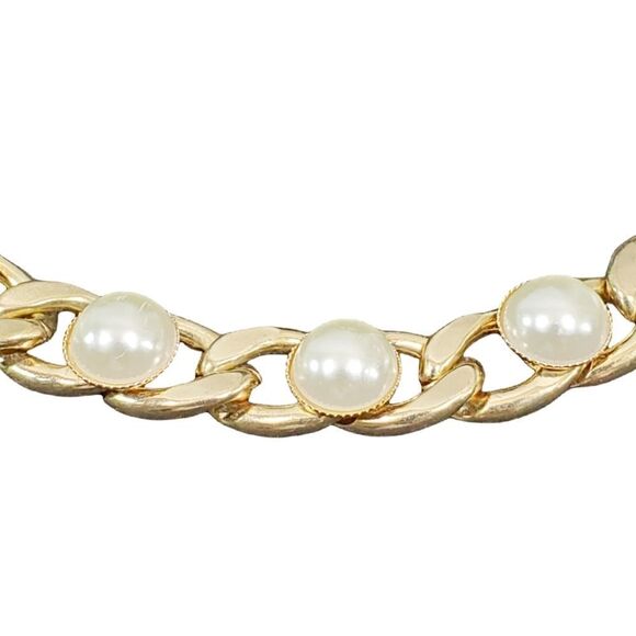 Faux Pearl Bead Gold Tone Link Chain Necklace 16" Chain - Picture 2 of 11